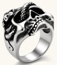 Silver stainless steel ring with bold skull face and coiled snake wrapping the crown, blackened recessed details.
