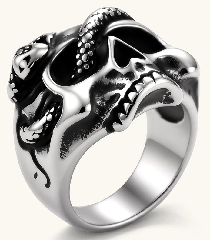 Silver stainless steel ring with bold skull face and coiled snake wrapping the crown, blackened recessed details.