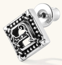 Square 925 sterling silver stud earring with oxidized Gothic letter, ornate dot border, fleur-de-lis corners, butterfly back.