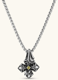 Sterling silver oxidized fleur-de-lis cross pendant with yellow gemstone center on a box chain, 36mm drop.