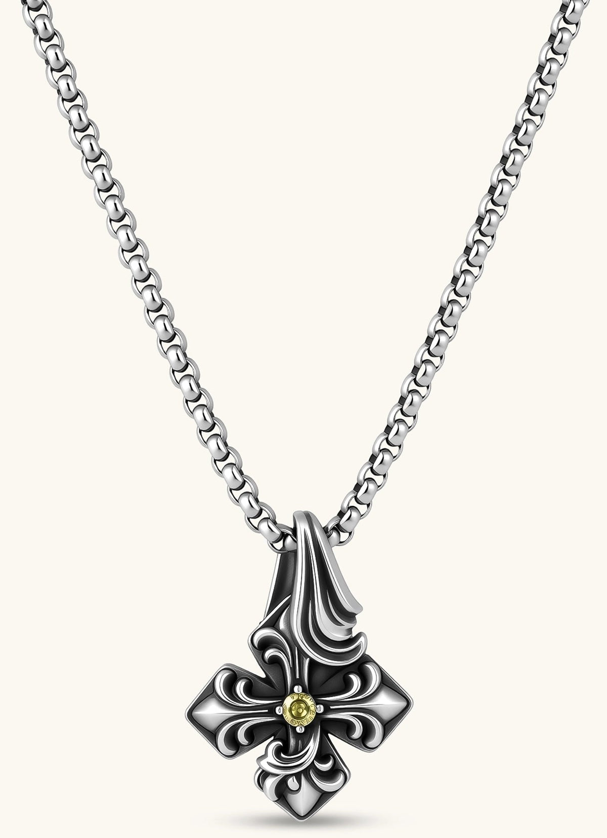 Sterling silver oxidized fleur-de-lis cross pendant with yellow gemstone center on a box chain, 36mm drop.