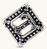Square 925 sterling silver stud earring with oxidized Gothic letter, ornate dot border, fleur-de-lis corners, butterfly back.
