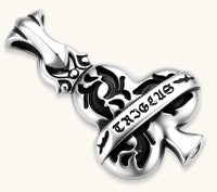 925 sterling silver club-suit pendant with black filigree inlay and TRICLUS banner, 40mm, on a box chain.