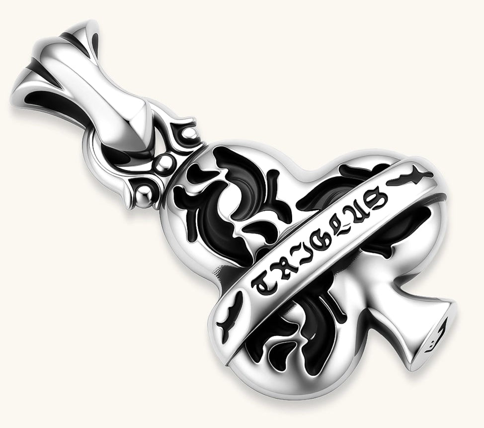 925 sterling silver club-suit pendant with black filigree inlay and TRICLUS banner, 40mm, on a box chain.